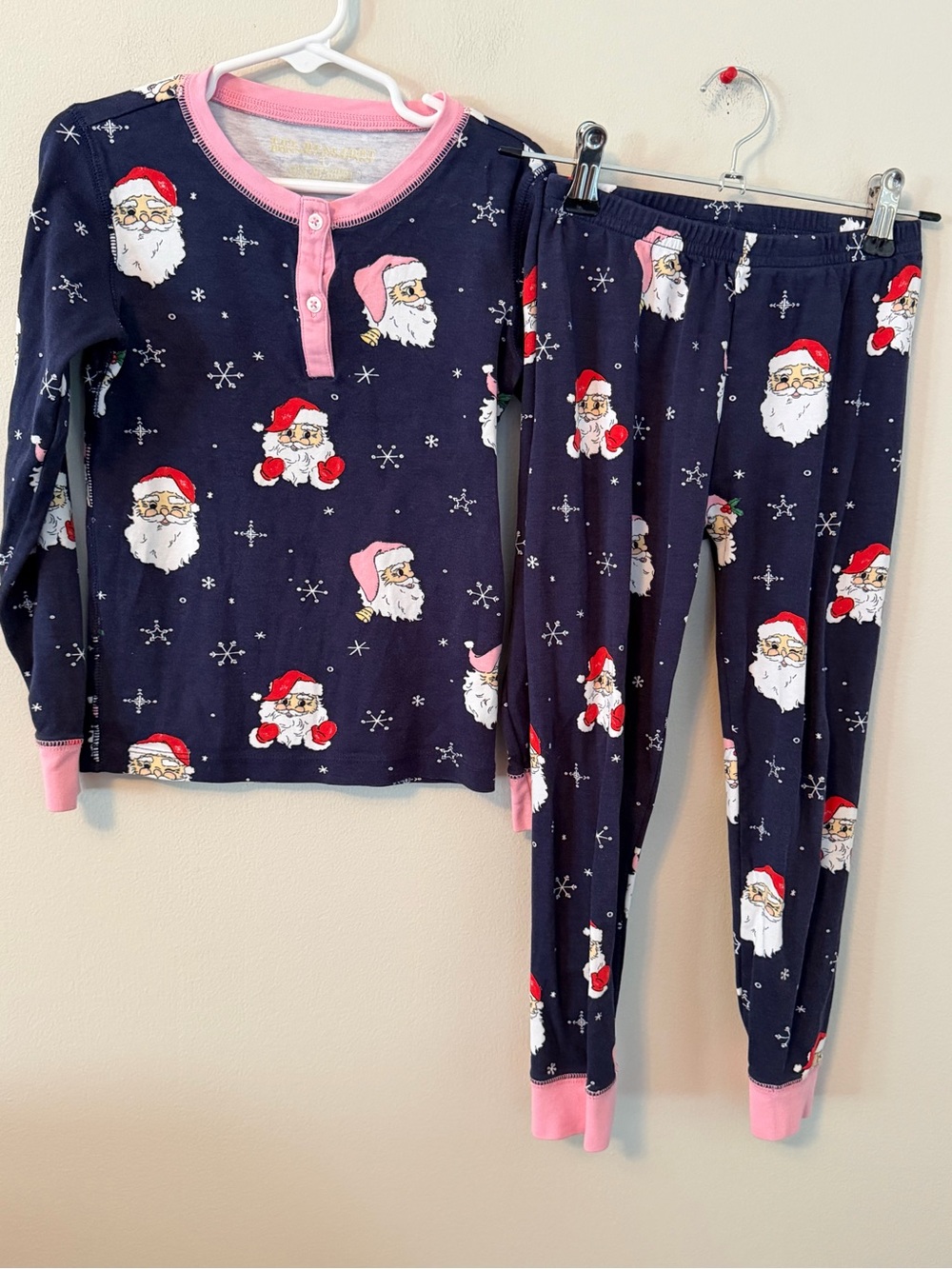 The Beaufort Bonnet Company Navy Santa Print Pajama Set with Pink Trim